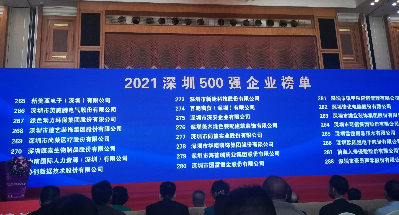 九州ku酷游上榜2021深圳企业500强